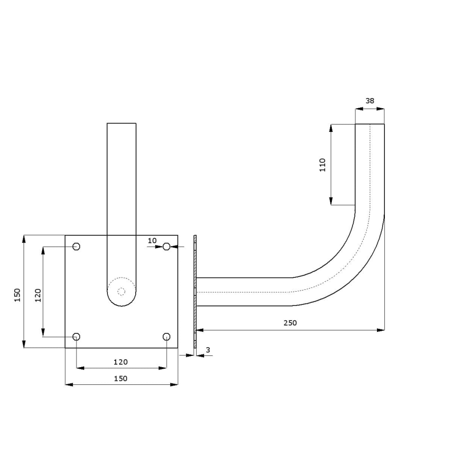 Metallinen seinäkiinnike Ø38mm L250